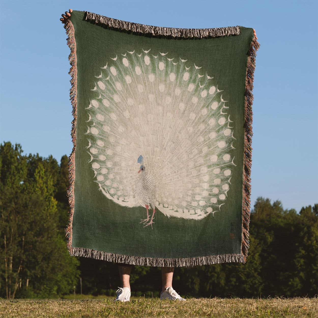 Peacock Feathers Woven Blanket Held on a Woman's Back Outside