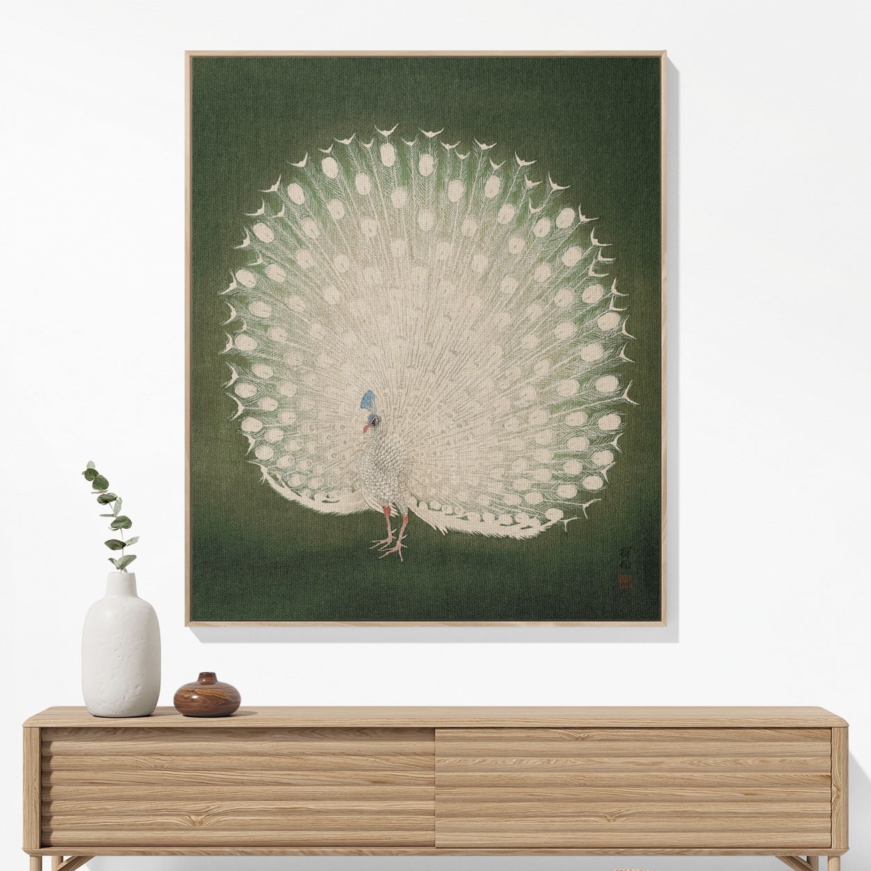 Peacock Feathers Woven Blanket Hanging on a Wall as Framed Wall Art