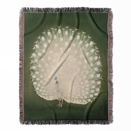 Peacock Feathers woven throw blanket, made from 100% cotton, featuring a soft and cozy texture with an emerald green peacock feather design for home decor.