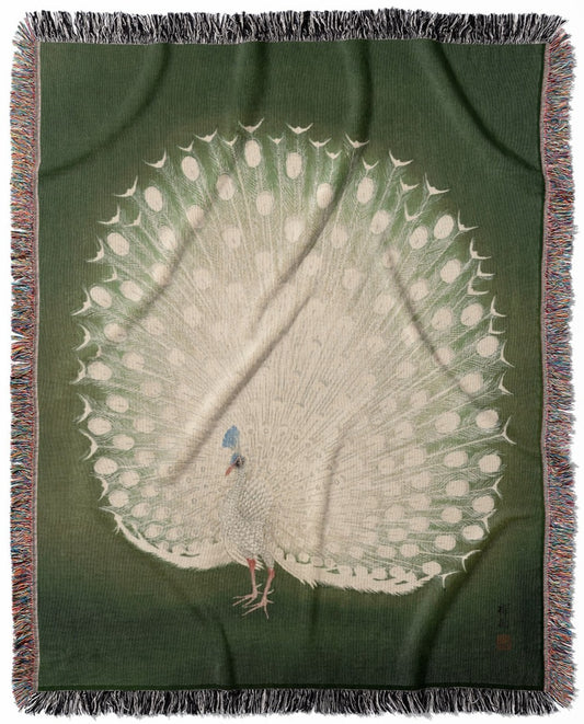 Peacock Feathers woven throw blanket, made from 100% cotton, featuring a soft and cozy texture with an emerald green peacock feather design for home decor.