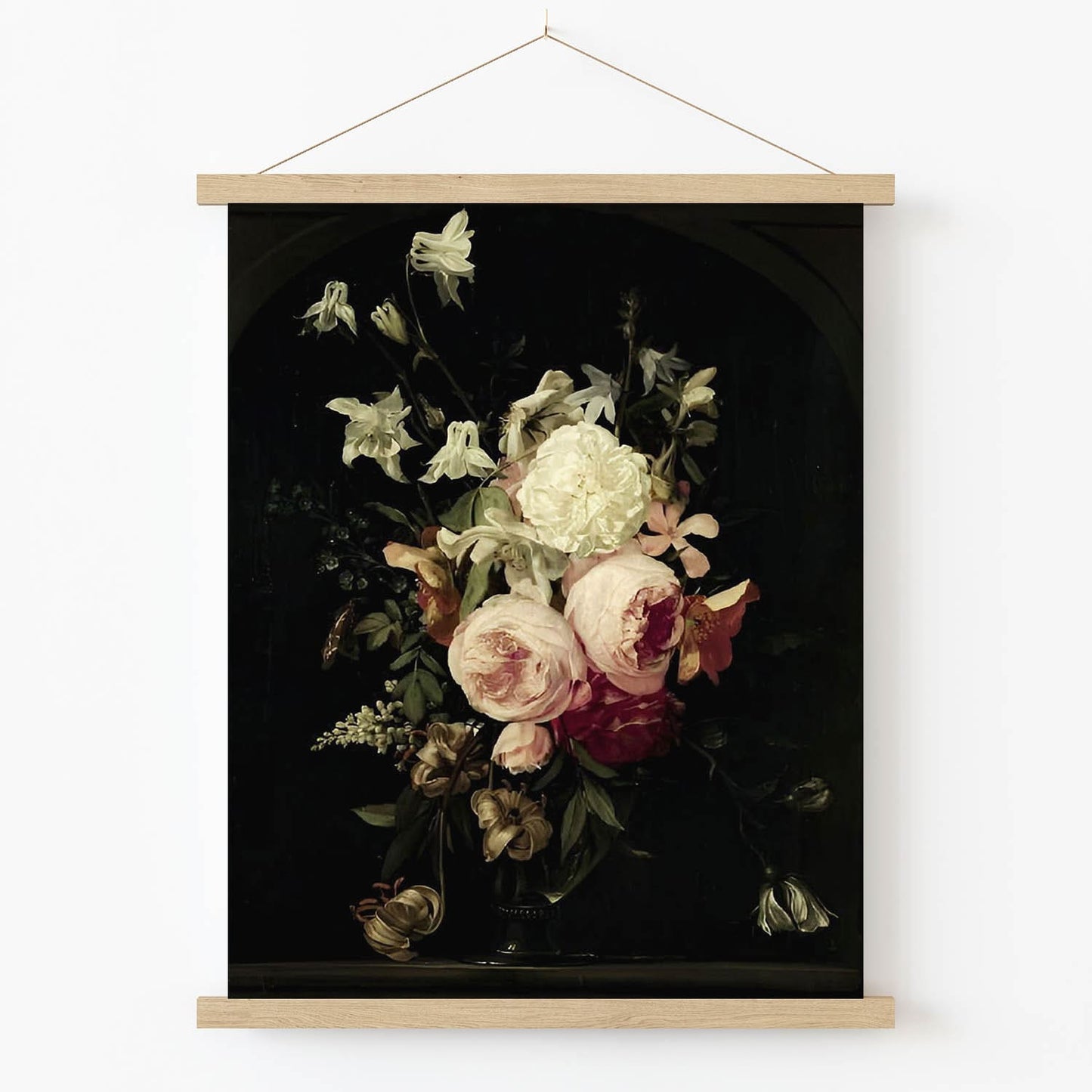 Peony Art Print in Wood Hanger Frame on Wall