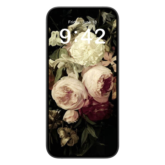 Peony phone wallpaper background with still life design shown on a phone lock screen, instant download available.