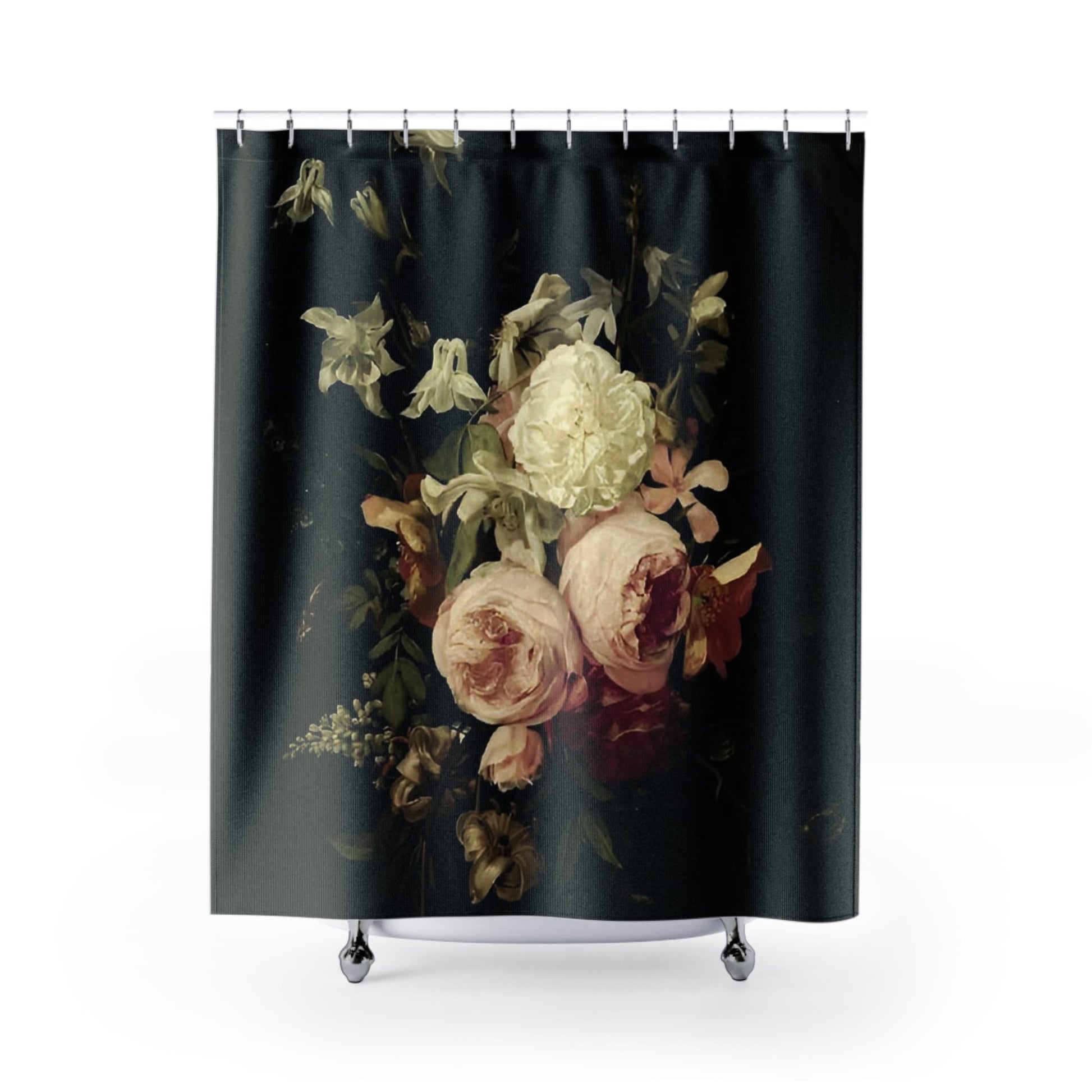 Peony Shower Curtain with still life design, elegant bathroom decor featuring detailed peony artwork.