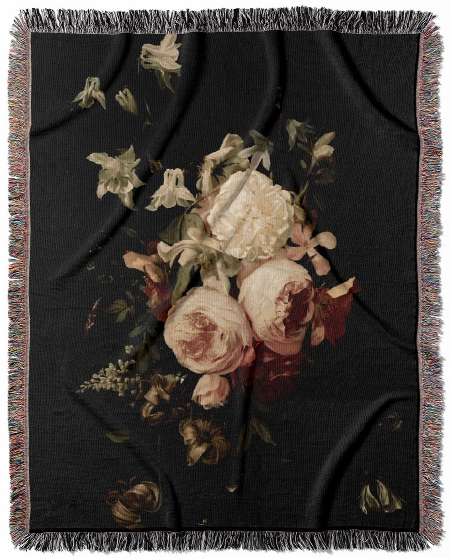 Peony woven throw blanket, made with 100% cotton, providing a soft and cozy texture in a still life art style for home decor.