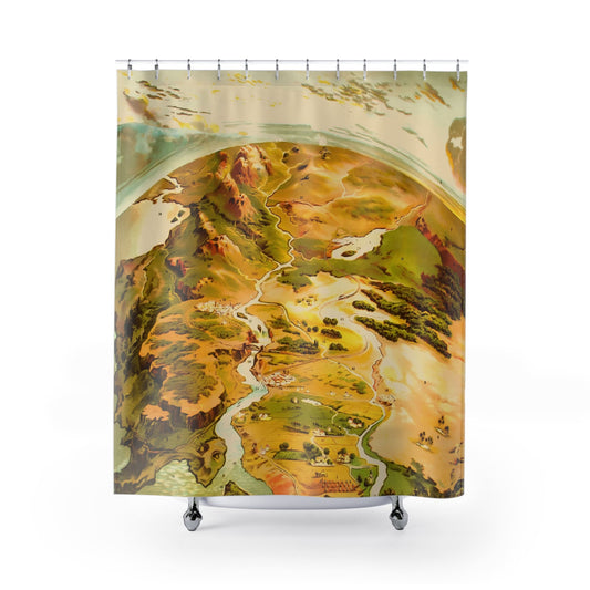 Pictorial of Earth Shower Curtain with scientific design, educational bathroom decor showcasing detailed earth imagery.