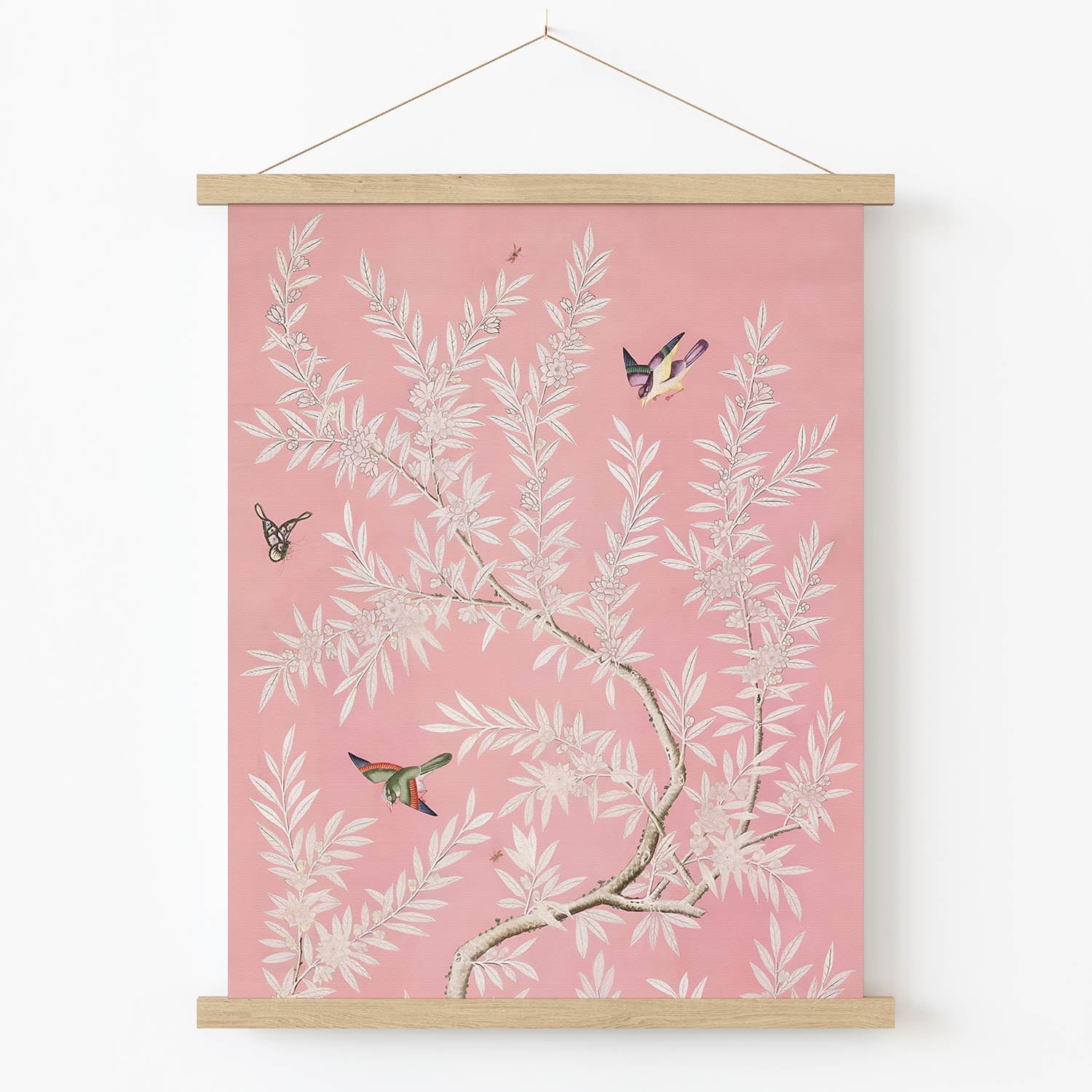 Pink Floral Art Print in Wood Hanger Frame on Wall