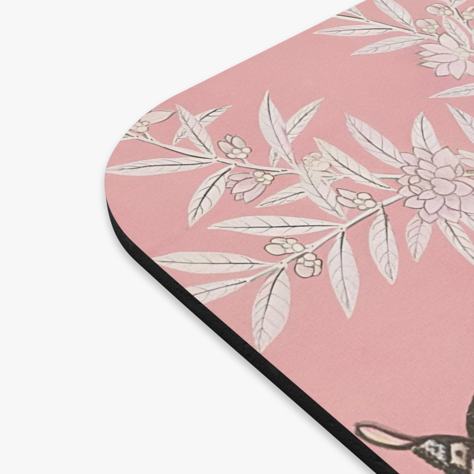 Pink Floral Computer Desk Mouse Pad With White Mouse