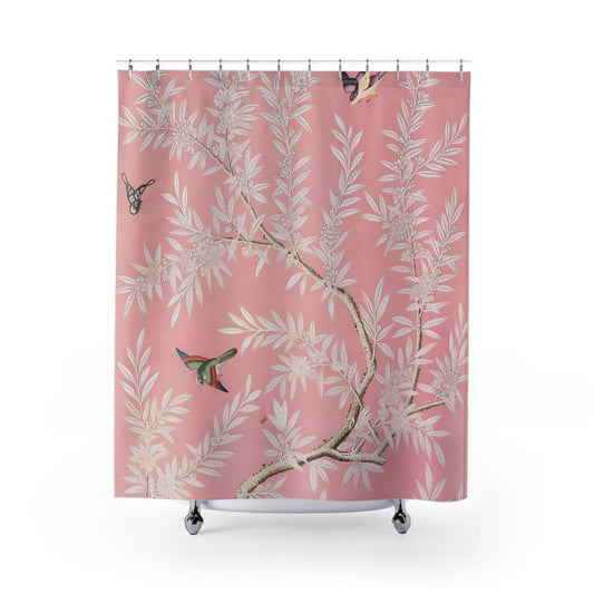 Pink Floral Shower Curtain with botanical design, garden-inspired bathroom decor featuring delicate pink flowers.