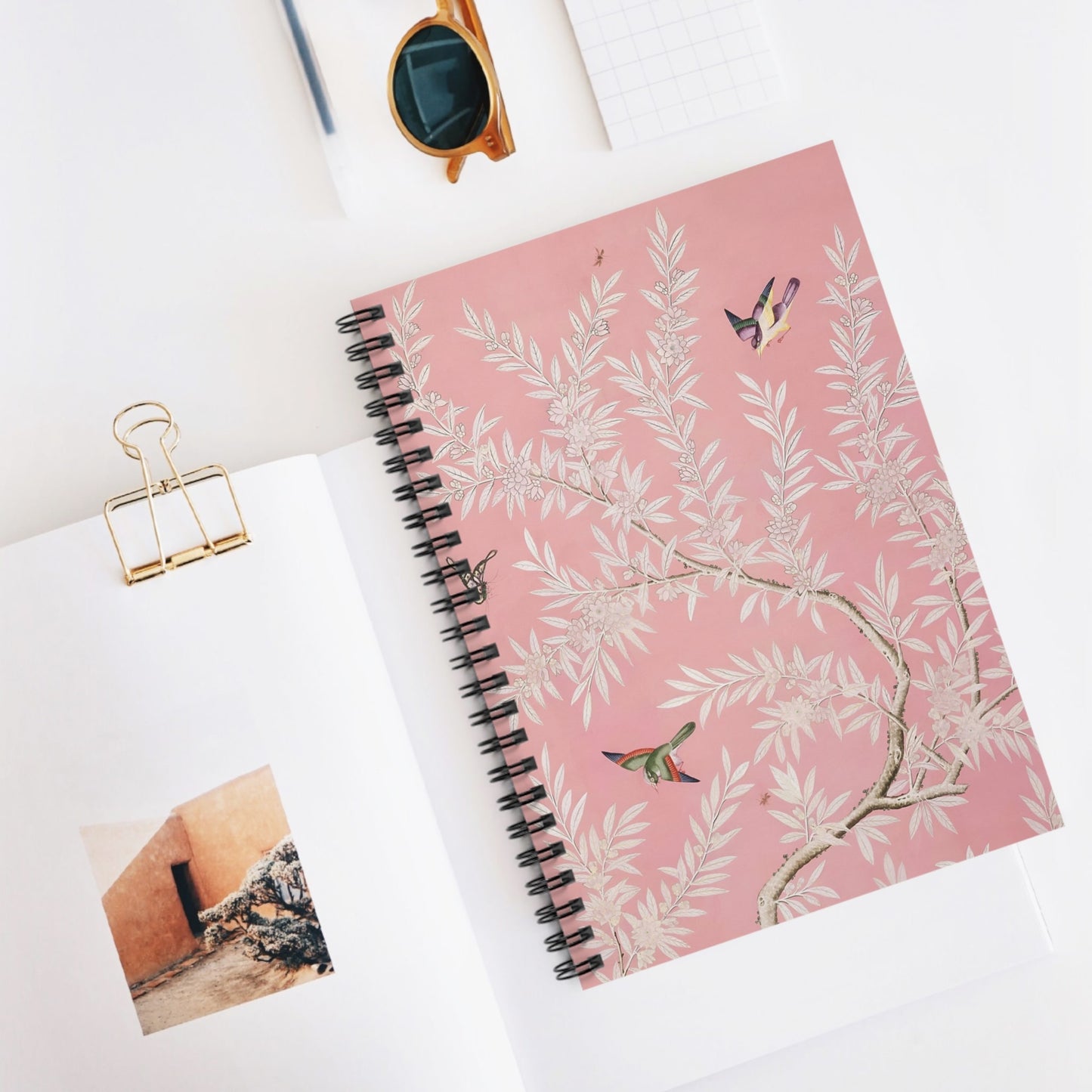 Pink Floral Spiral Notebook Displayed on Desk