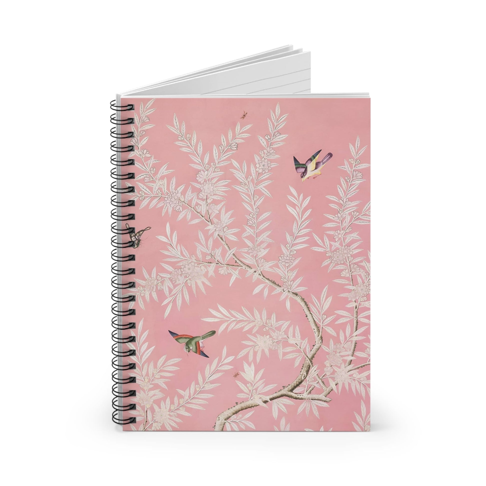 Pink Floral Spiral Notebook Standing up on White Desk