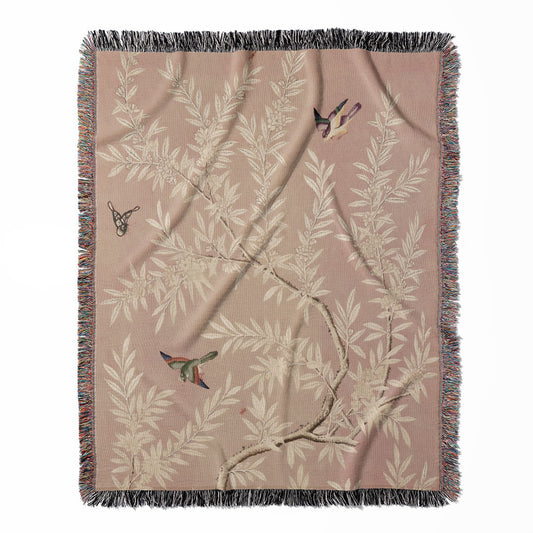 Pink Floral woven throw blanket, made from 100% cotton, featuring a soft and cozy texture in a botanical home decor style.