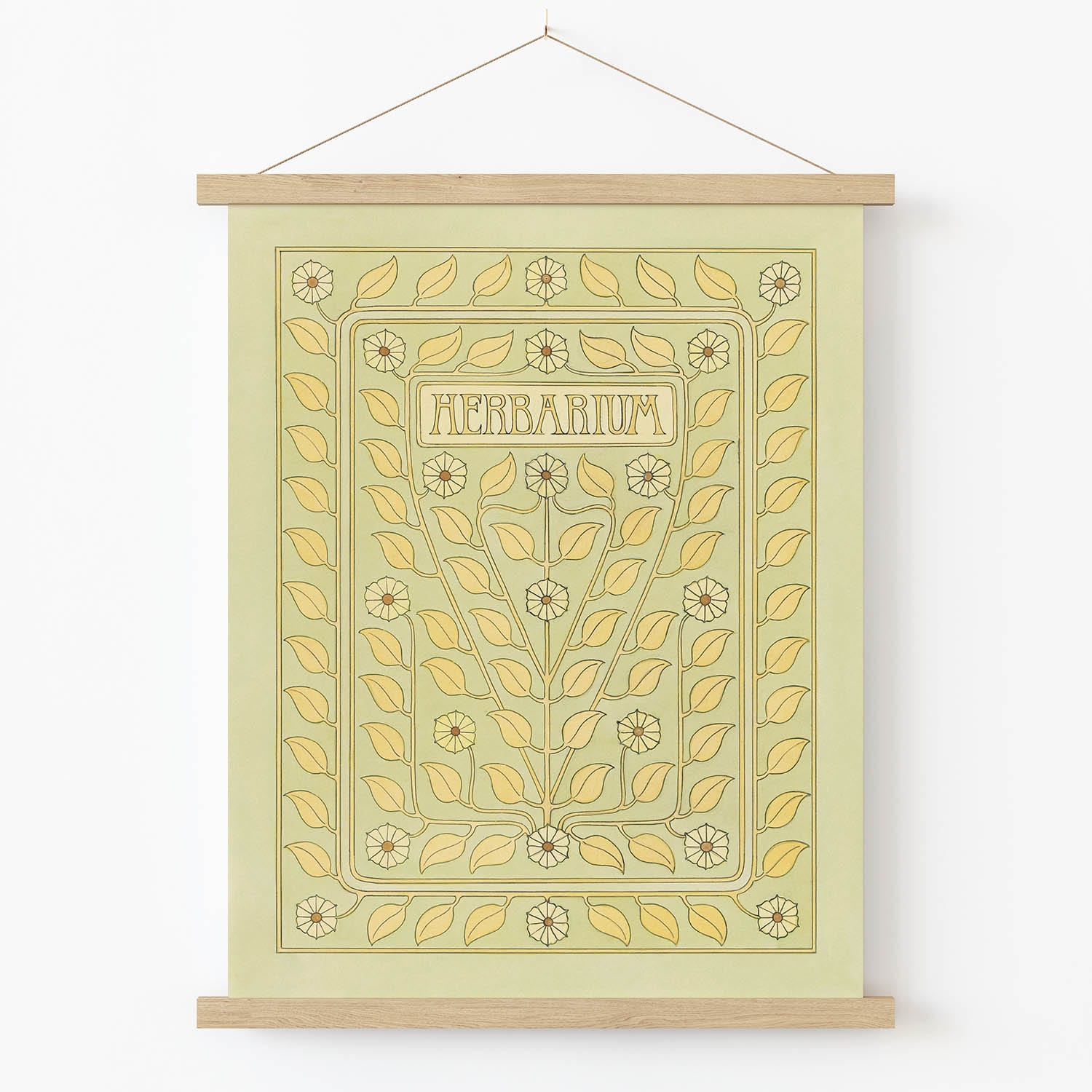 Light Green and Yellow Floral Art Print in Wood Hanger Frame on Wall