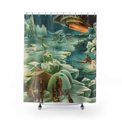 Polar Landscape Shower Curtain with arctic pictorial design, nature-inspired bathroom decor featuring polar scenes.