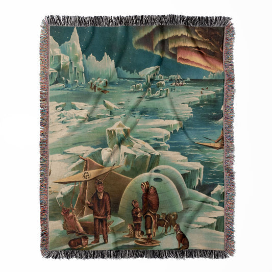 Polar Landscape woven throw blanket, crafted from 100% cotton, offering a soft and cozy texture with an arctic pictorial theme for home decor.