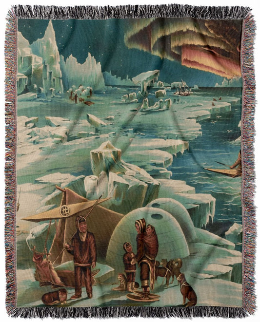 Polar Landscape woven throw blanket, crafted from 100% cotton, offering a soft and cozy texture with an arctic pictorial theme for home decor.