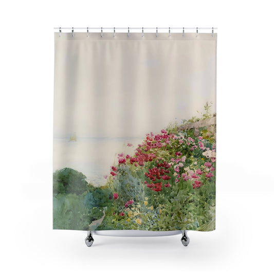 Poppy Shower Curtain with landscape painting design, artistic bathroom decor featuring vibrant poppy fields.