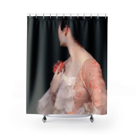 Posing in Pink Shower Curtain with Gilded Age aesthetic design, romantic bathroom decor showcasing delicate pink hues.