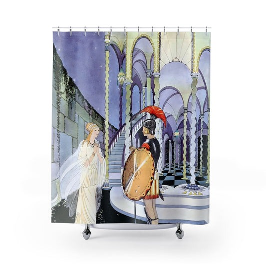 Princess and the Knight Shower Curtain with Art Nouveau design, romantic bathroom decor featuring fantasy-themed artwork.