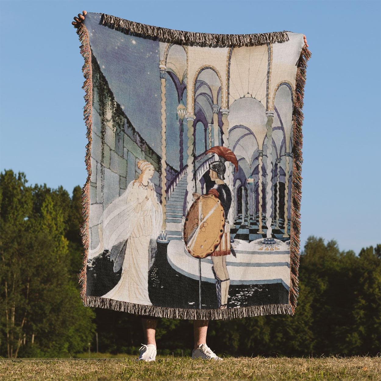 Princess and the Knight Woven Blanket Held on a Woman's Back Outside