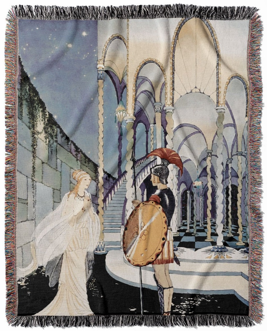 Princess and the Knight woven throw blanket, made from 100% cotton, presenting a soft and cozy texture with an art nouveau design for home decor.