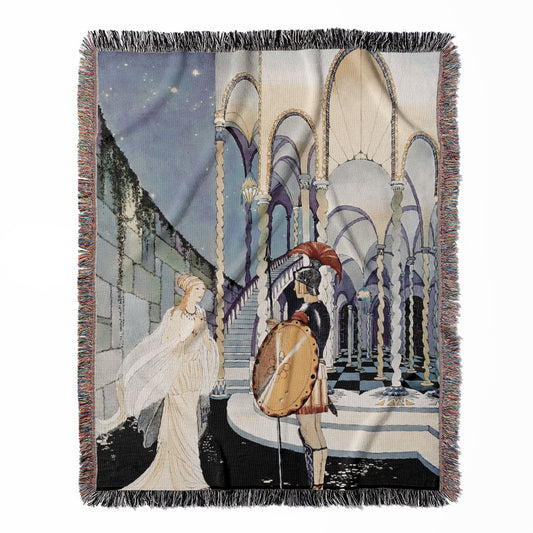 Princess and the Knight woven throw blanket, made from 100% cotton, presenting a soft and cozy texture with an art nouveau design for home decor.