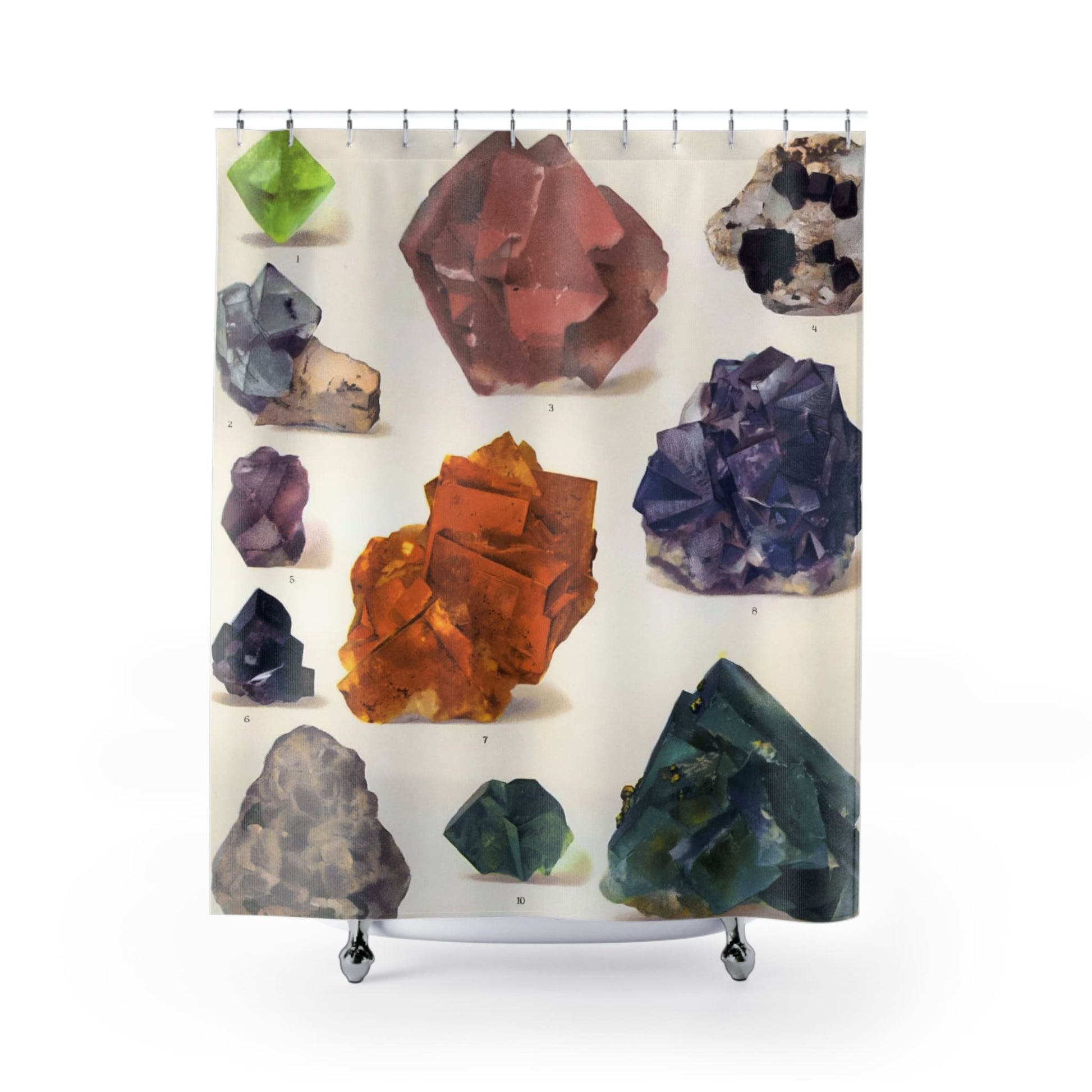 Raw Colorful Gemstones Shower Curtain with crystals and gems design, vibrant bathroom decor featuring colorful raw gemstones.