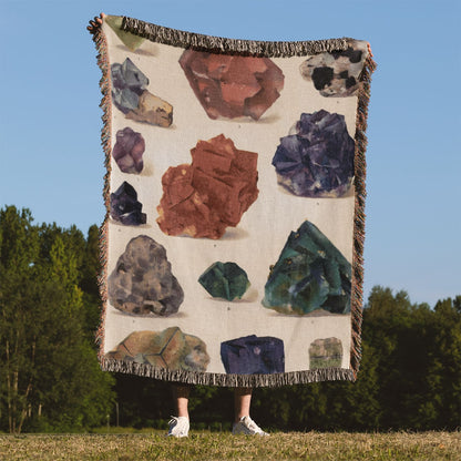 Raw Colorful Gemstones Woven Blanket Held Up Outside