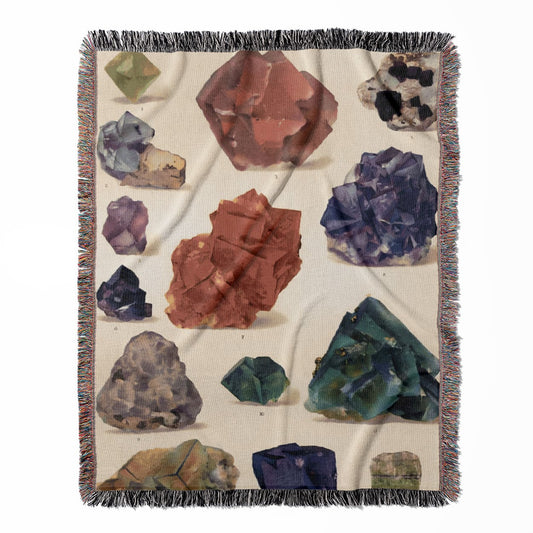 Raw Colorful Gemstones woven throw blanket, made of 100% cotton, providing a soft and cozy texture with crystals and gems for home decor.