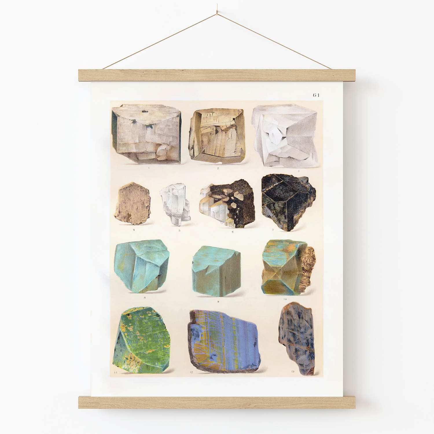 Raw Crystals and Gemstones Art Print in Wood Hanger Frame on Wall
