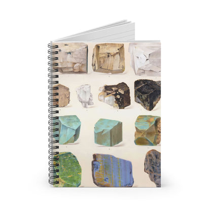 Raw Crystals and Gemstones Spiral Notebook Standing up on White Desk