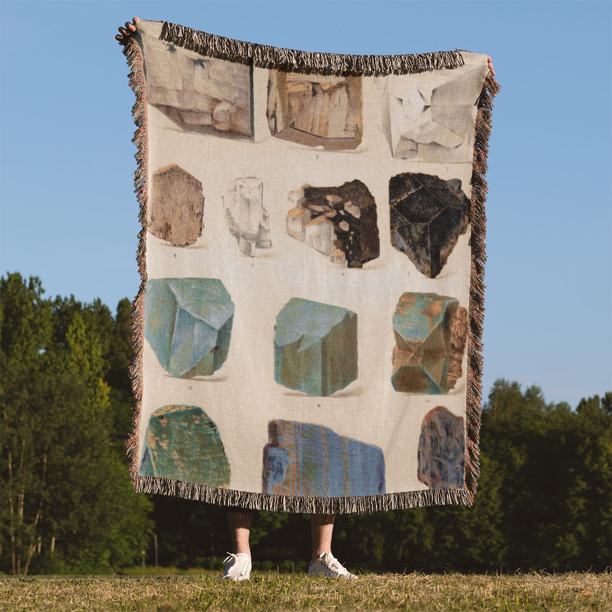 Vintage Crystals and Gemstones Woven Throw Blanket Held Up Outside