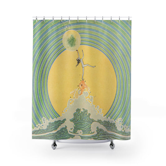 Reach for the Moon Shower Curtain with Art Nouveau design, artistic bathroom decor featuring intricate moonlit scenes.