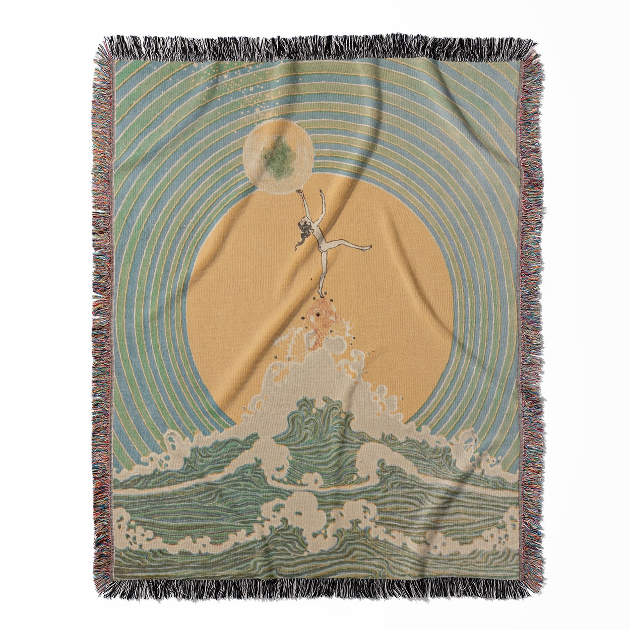 Reach for the Moon woven throw blanket, made with 100% cotton, providing a soft and cozy texture with an Art Nouveau drawing for home decor.