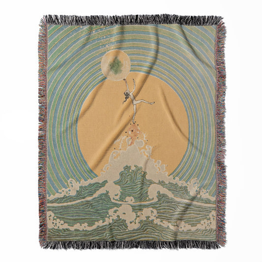 Reach for the Moon woven throw blanket, made with 100% cotton, providing a soft and cozy texture with an Art Nouveau drawing for home decor.