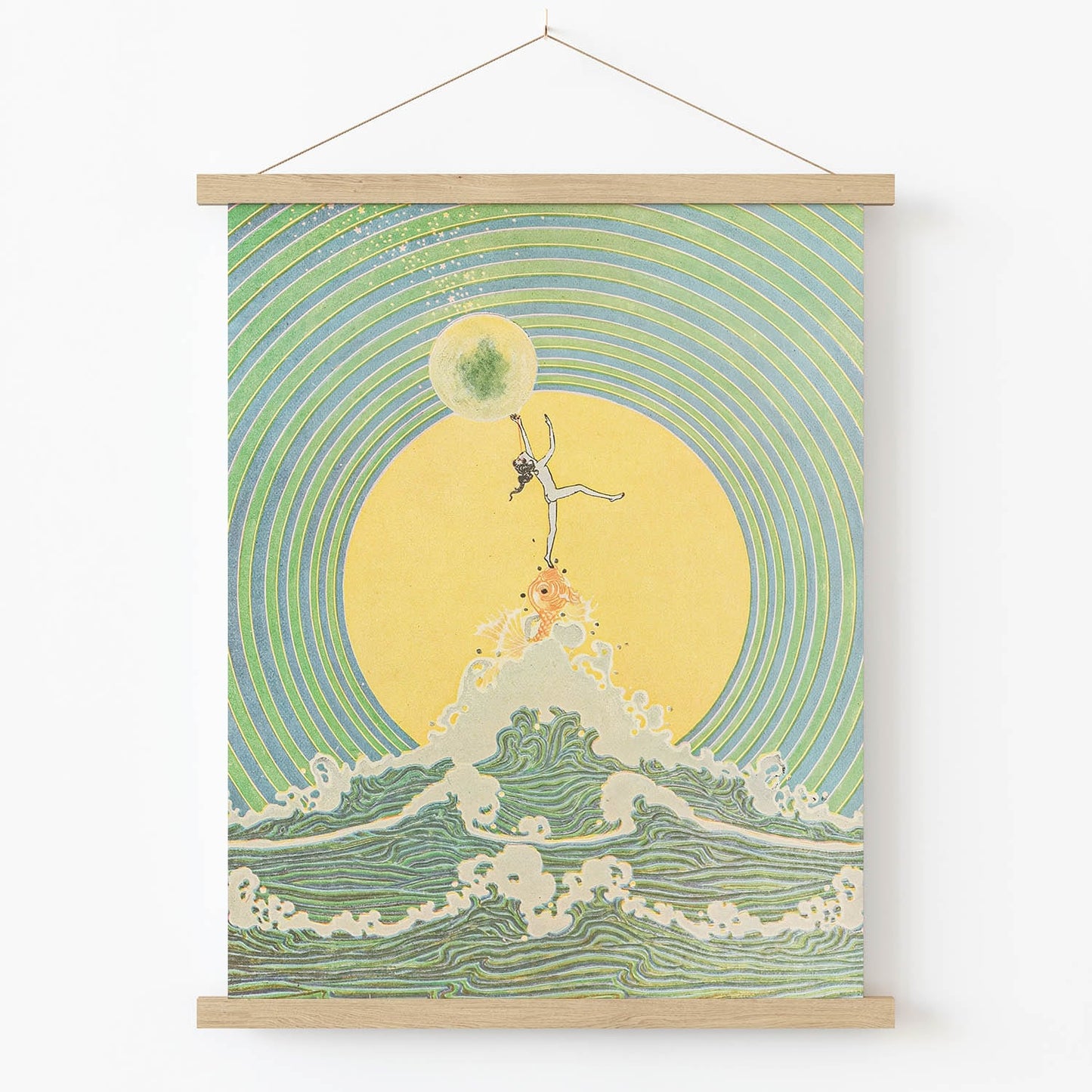 Green and Yellow Fantasy Art Print in Wood Hanger Frame on Wall