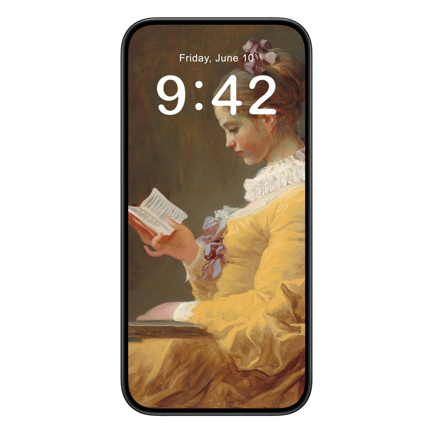 Reading Aesthetic phone wallpaper background with light academia design shown on a phone lock screen, instant download available.