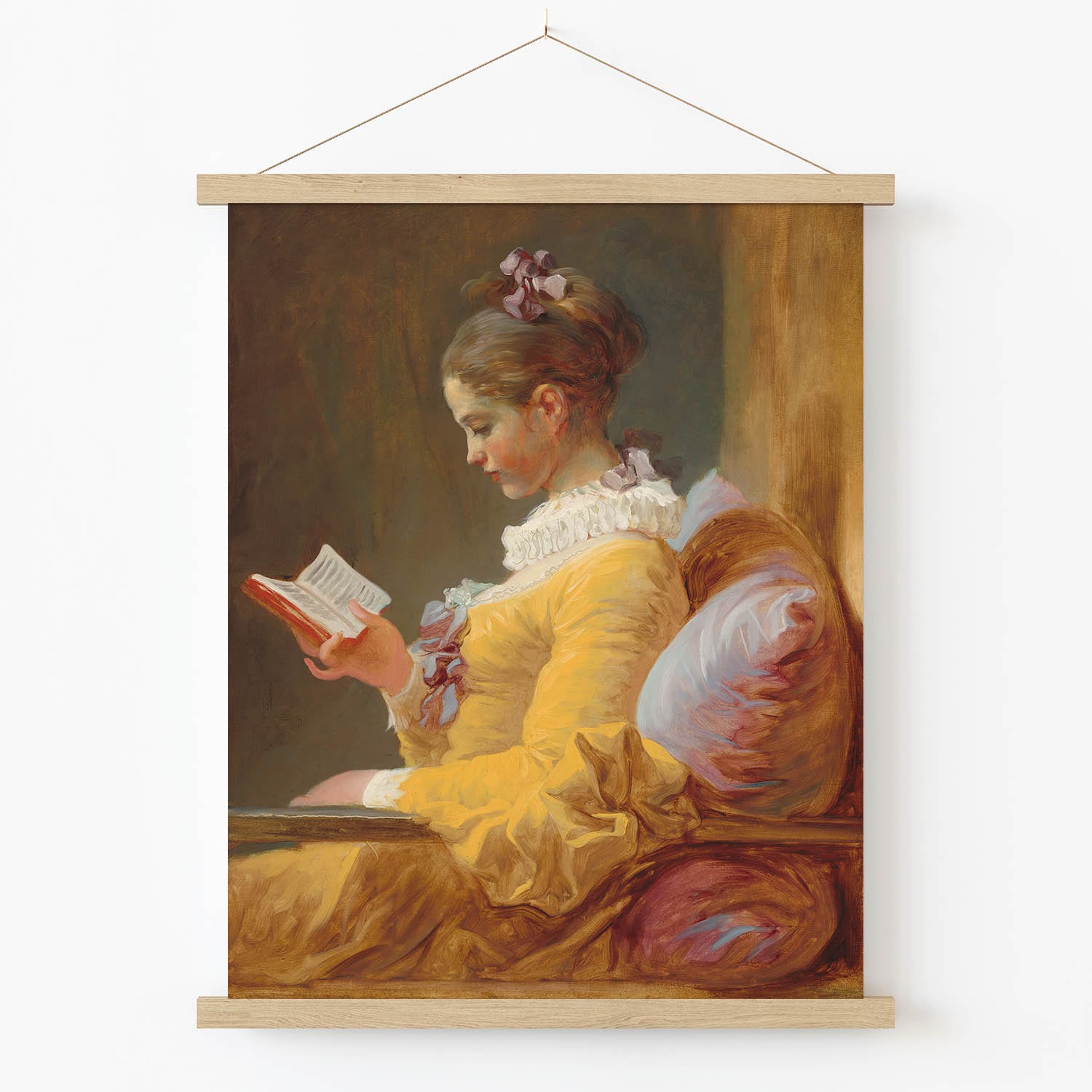 Reading Aesthetic Art Print in Wood Hanger Frame on Wall