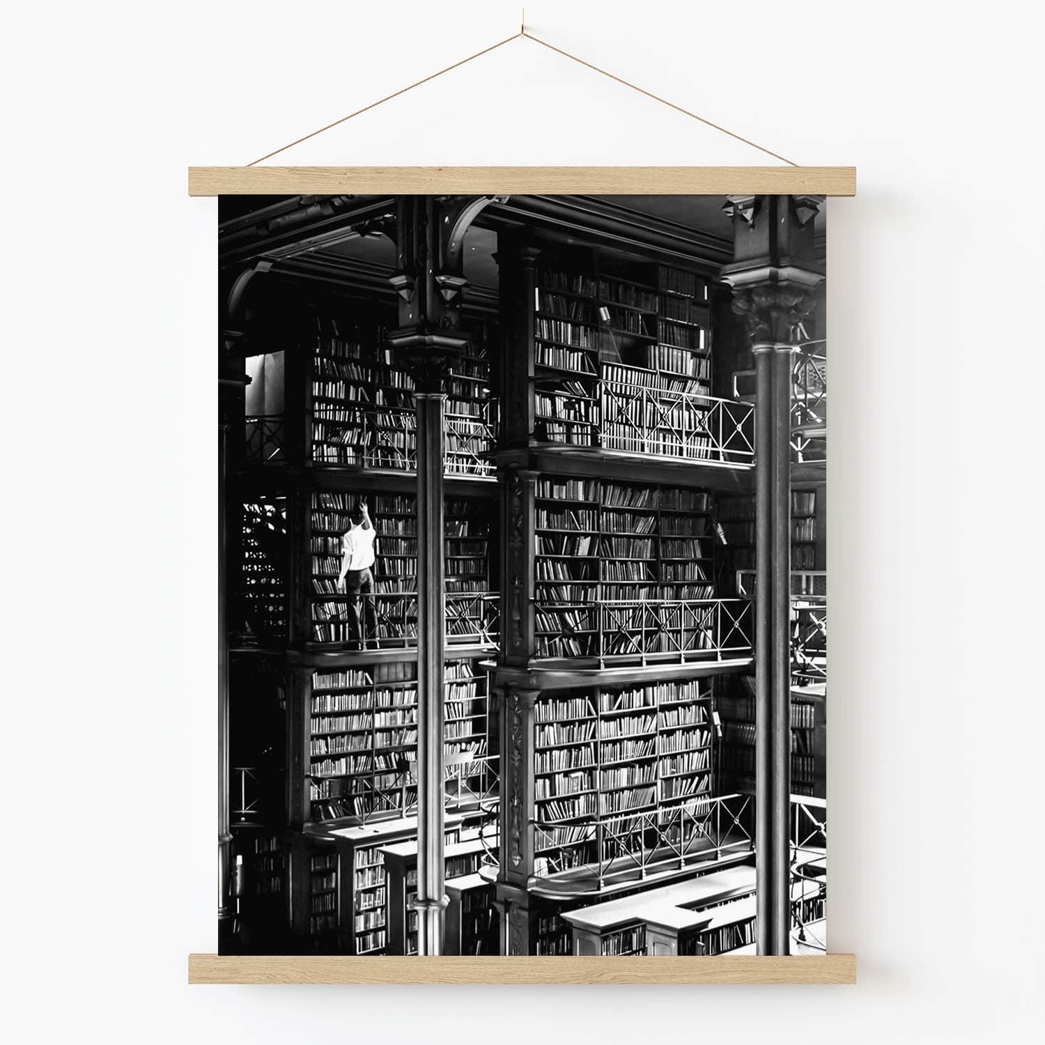 Black and White Library Art Print in Wood Hanger Frame on Wall