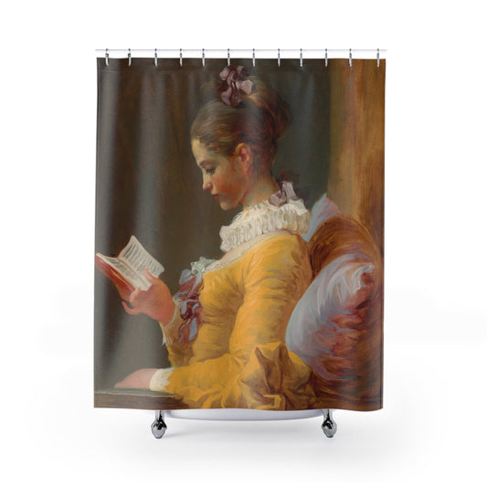 Reading Aesthetic Shower Curtain with light academia design, scholarly bathroom decor featuring cozy reading themes.