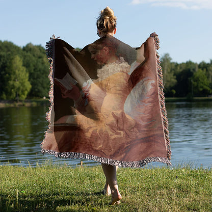 Reading Aesthetic Woven Blanket Held on a Woman's Back Outside