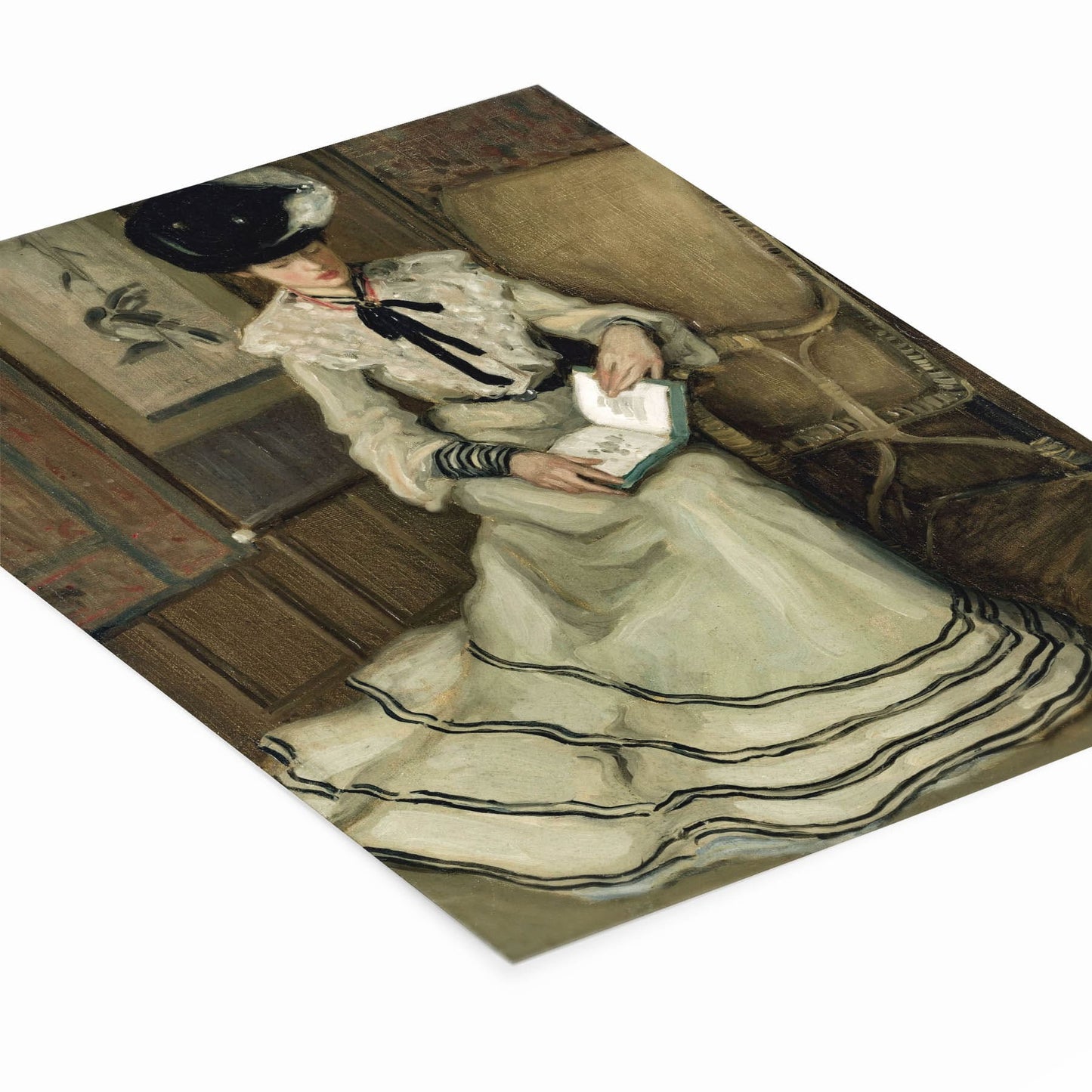 Elegant Woman Reading Painting Laying Flat on a White Background