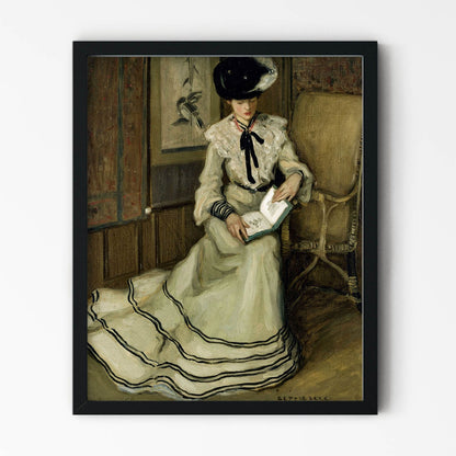 Elegant Woman Reading Painting in Black Picture Frame