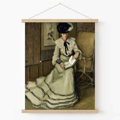 Elegant Woman Reading Art Print in Wood Hanger Frame on Wall