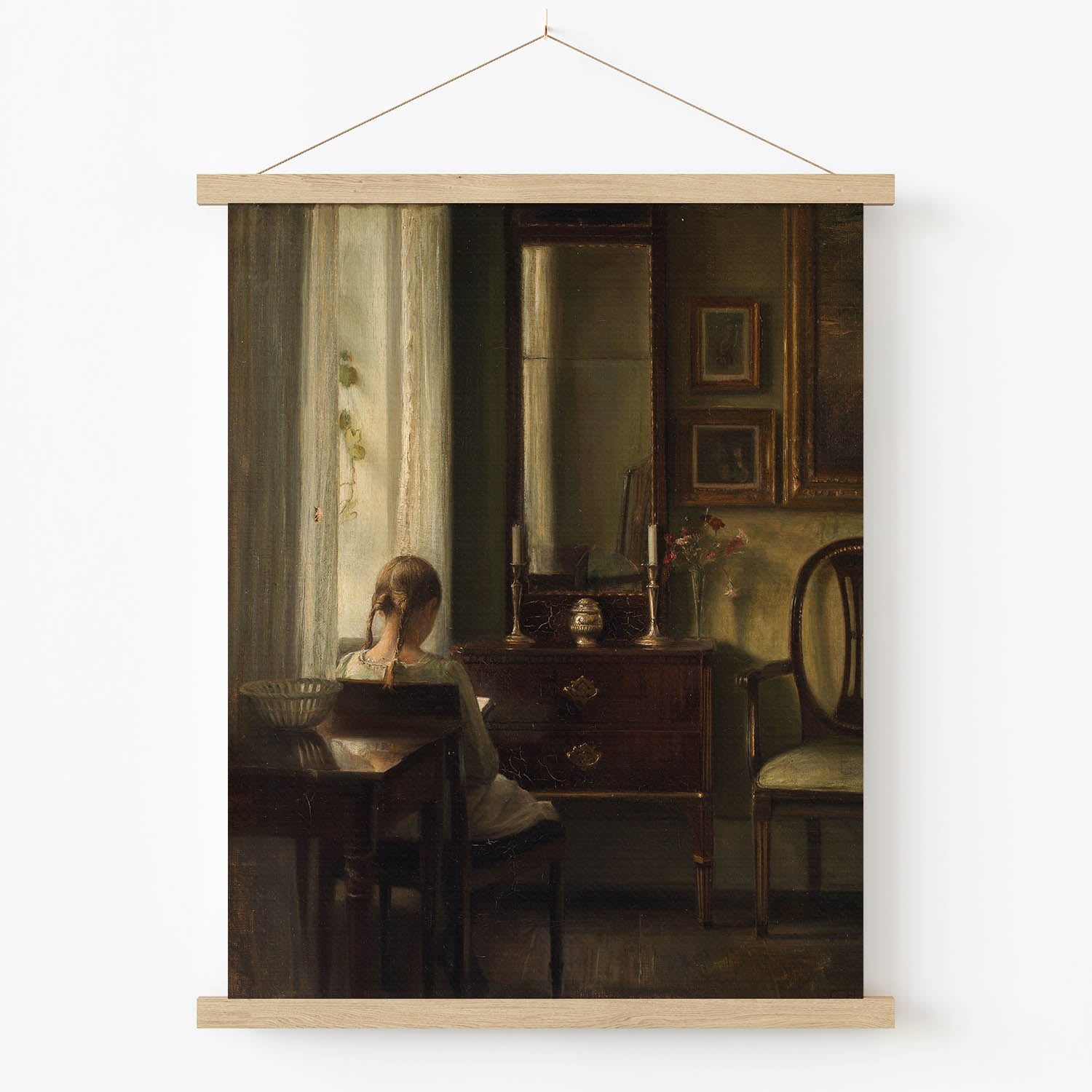 A Quiet Read Art Print in Wood Hanger Frame on Wall