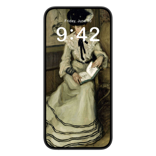 Reading Room phone wallpaper background with woman reading design shown on a phone lock screen, instant download available.