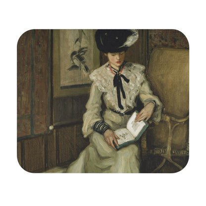 Reading Room Mouse Pad with cozy woman reading scene, desk and office decor featuring comfortable reading nook illustrations.