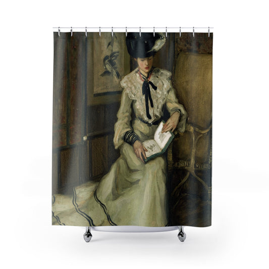 Reading Room Shower Curtain with woman reading design, literary bathroom decor featuring cozy reading themes.