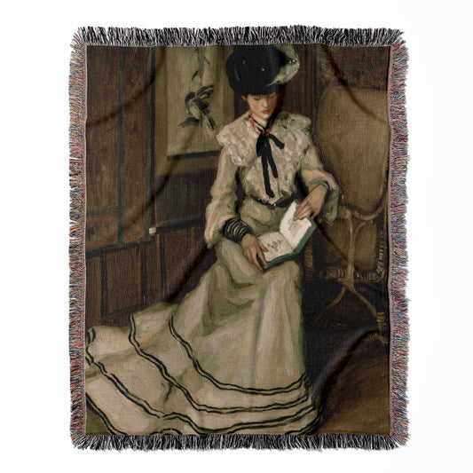 Reading Room woven throw blanket, made of 100% cotton, offering a soft and cozy texture with an elegant woman reading design for home decor.