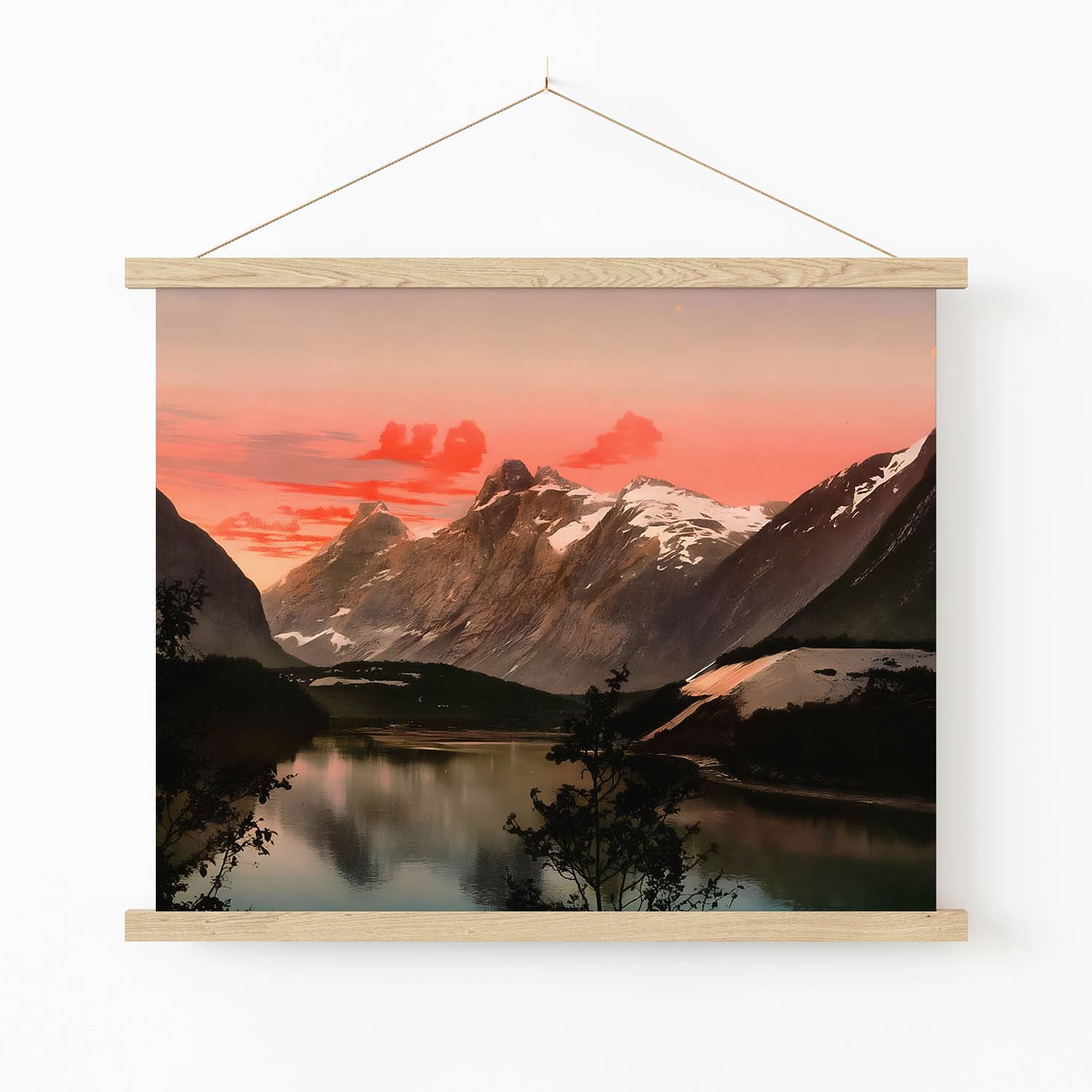 Mountains and Lake Nature Art Print in Wood Hanger Frame on Wall