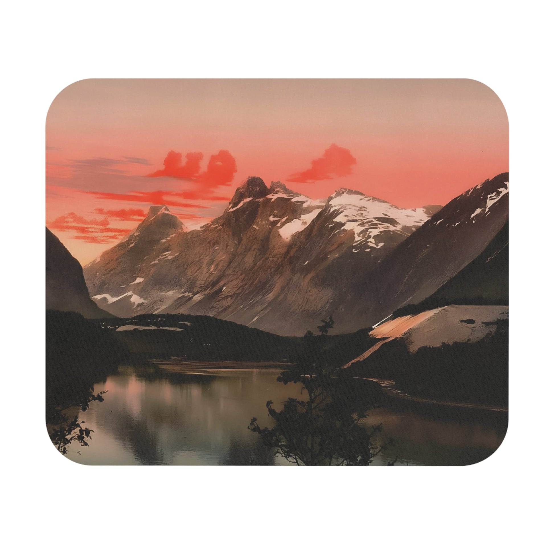 Red Mountain Sunset Mouse Pad showcasing landscapes design, perfect for desk and office decor.